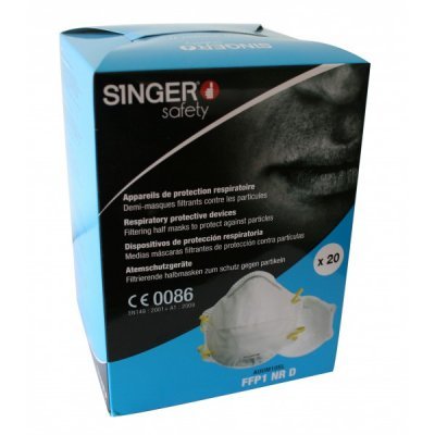 Embalagem azul de máscaras de proteção respiratória SINGER Safety FFP1 NR D, 20 unidades