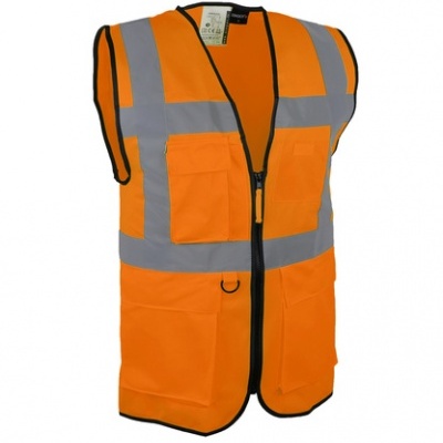 Colete de segurança laranja com faixas refletoras cinzentas e bolso