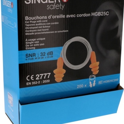 Embalagem de tampões auriculares SINGER safety com cordão, cor azul e preta