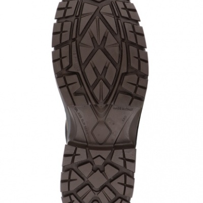 Sola de sapato castanha escura com padrão antiderrapante e texto