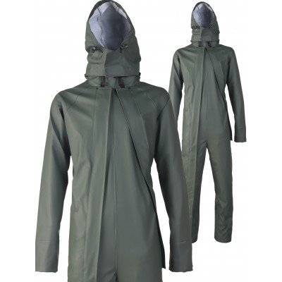 Macacão impermeável verde-oliva com capuz cinza