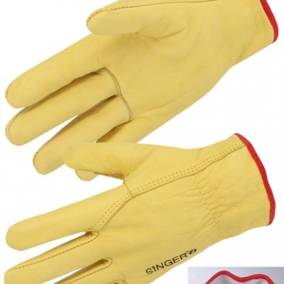Par de luvas amarelas de couro com punho vermelho e interior forrado, marca SINGER