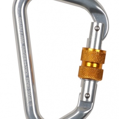 Mosquetão de metal prateado com fecho de rosca dourado