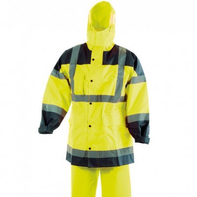 Fato impermeável amarelo e preto com faixas refletoras, casaco com capuz e calças