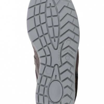 Sola cinzenta de sapato com padrão antiderrapante e texto