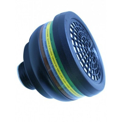 Filtro de proteção respiratória circular preto com faixas coloridas e texto