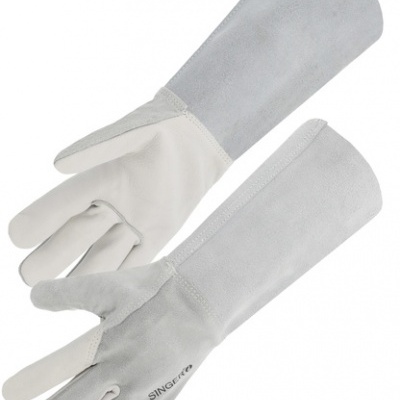 Par de luvas de proteção cinza claro e branco com texto SINGER
