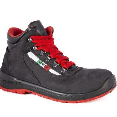 Bota de segurança preta com atacadores vermelhos e sola vermelha