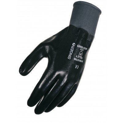 Luva de proteção preta com parte superior cinzenta e texto branco