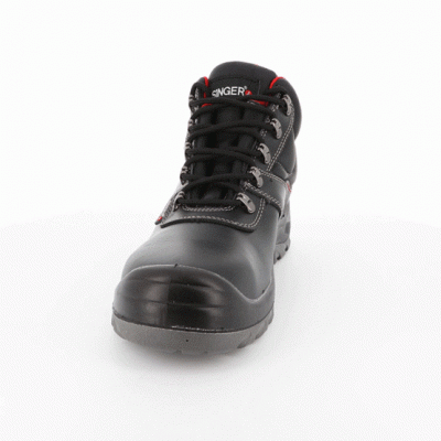 Bota de segurança preta com atacadores pretos e detalhes vermelhos