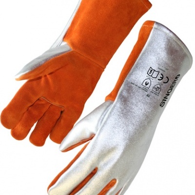 Luvas de proteção em couro laranja e prateado com texto e símbolos impressos