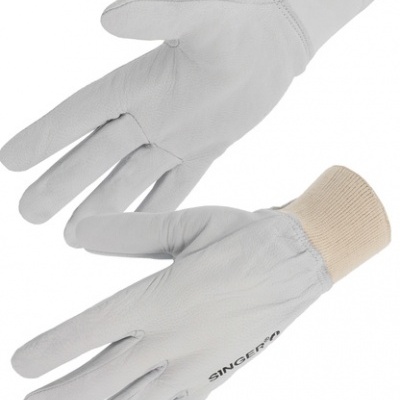 Par de luvas de trabalho brancas com punho elástico bege e texto SINGER