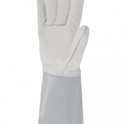 Luva branca de proteção em couro com extensão cinza