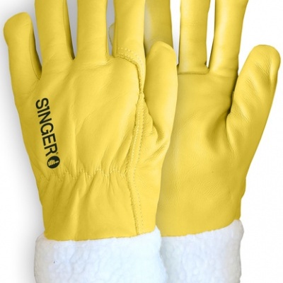 Luvas amarelas de couro com forro branco felpudo e texto SINGER