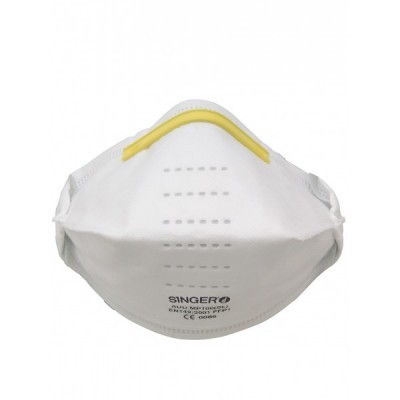 Máscara de proteção branca com barra amarela e texto impresso