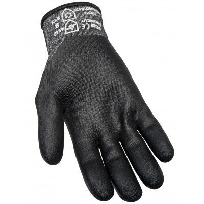 Luva de proteção preta com texto branco no pulso cinzento