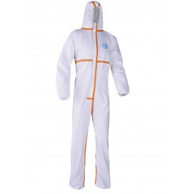 Macacão de proteção branco com costuras laranja e capuz