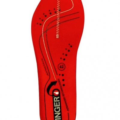 Palminha vermelha para calçado com texto e detalhes em preto e branco, tamanho 42