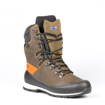 Bota de caminhada castanha com detalhes laranja e sola preta e branca