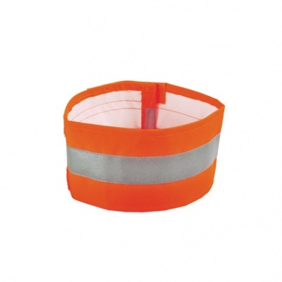 Braçadeira têxtil laranja com faixa refletora cinza e fecho de velcro
