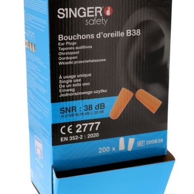 Embalagem azul e preta de tampões auriculares SINGER Safety B38