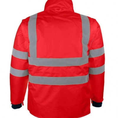 Casaco vermelho de segurança com faixas reflexivas cinzentas