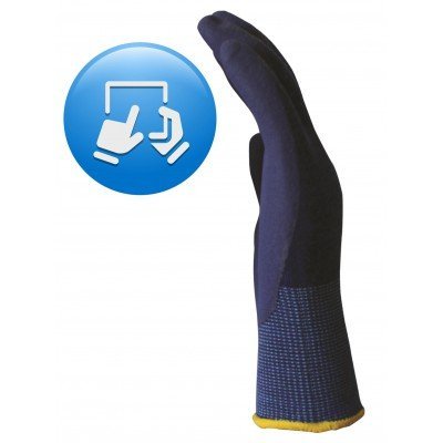 Luva de proteção azul escuro em fundo branco com ícone azul de toque na tela