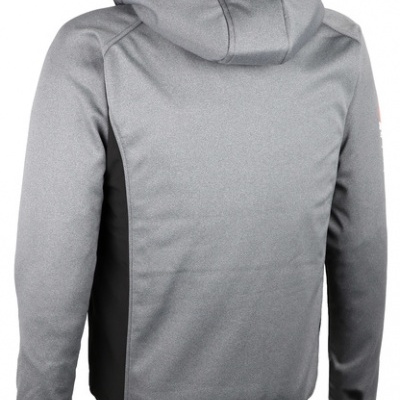 Casaco cinzento claro com painéis pretos e capuz, visto de trás