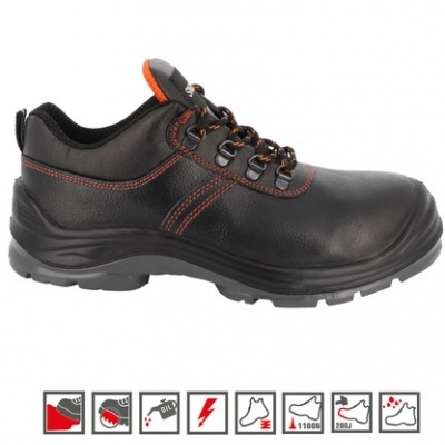 Sapato de segurança preto com costuras laranja e sola antiderrapante.