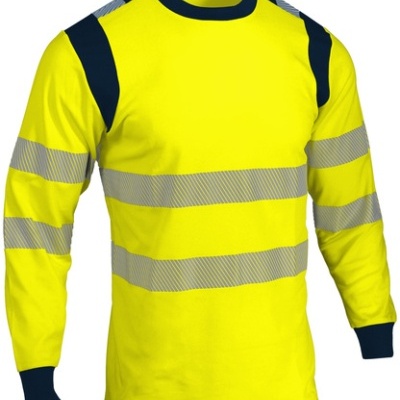 Camisola amarela fluorescente com faixas refletoras cinza e detalhes pretos