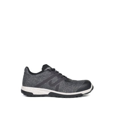 Ténis desportivo cinza escuro com sola branca e preta e atacadores pretos