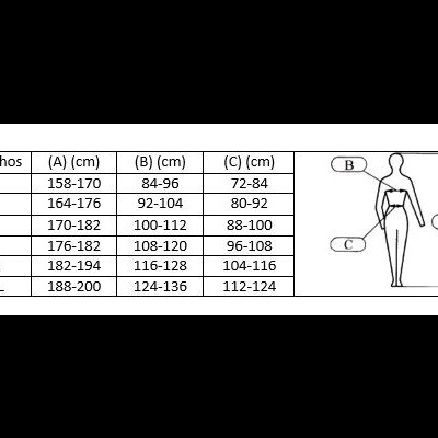 Tabela de tamanhos com medidas em centímetros para vários tamanhos de roupa.