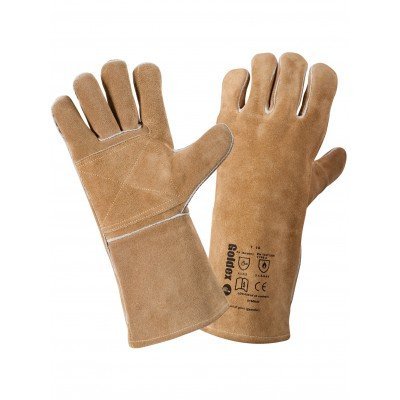 Par de luvas de proteção bege em camurça com texto impresso.