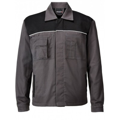 Casaco de trabalho cinzento e preto com bolsos frontais e gola