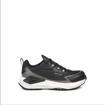 Tênis preto com detalhes cinzentos e sola branca e preta com marcas TEXAPORE e AeroX