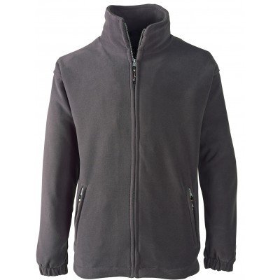 Casaco polar cinza escuro com fecho e bolsos em fundo branco