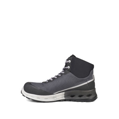 Bota desportiva cinza e preta com sola branca.