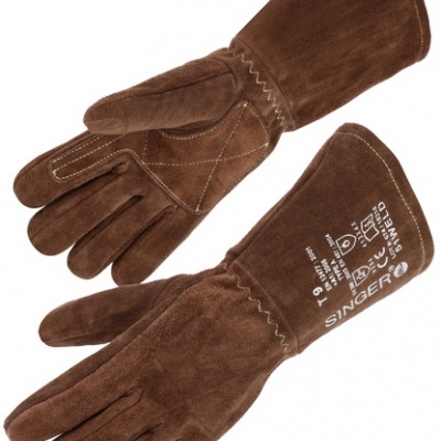 Par de luvas de proteção marrons em camurça com texto branco