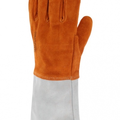 Luva de proteção em couro castanho e cinza com punho longo