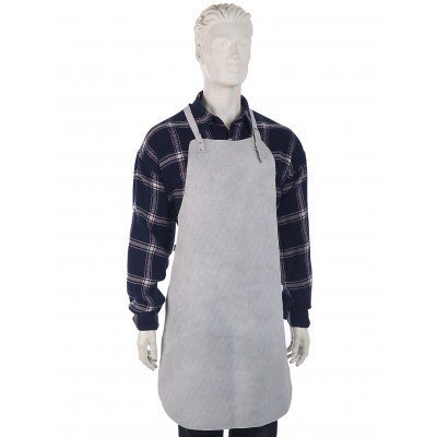 Avental cinzento claro em manequim com camisa xadrez azul e branco