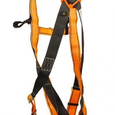 Arnês de segurança preto e laranja com mosquetão e fivelas