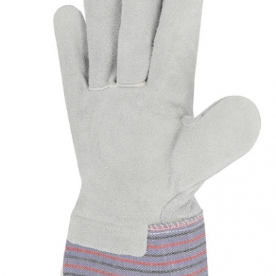 Luva de trabalho em camurça bege com punho riscado cinza, vermelho e branco
