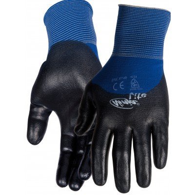 Par de luvas pretas e azuis com punho elástico azul e marcações impressas