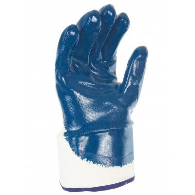 Luva de trabalho azul com punho branco e detalhe roxo