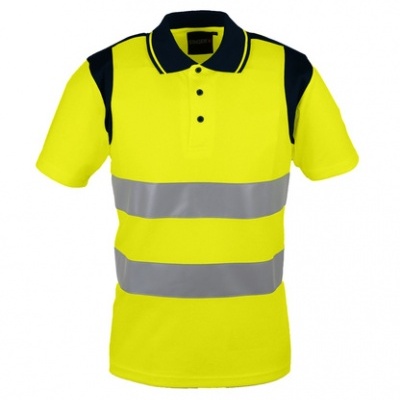 Polo alta visibilidade amarelo com golas e ombros azul escuro e faixas refletoras cinzentas