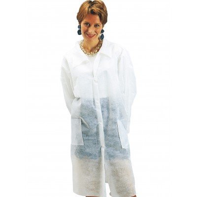 Casaco branco comprido de tecido não tecido com botões e bolsos