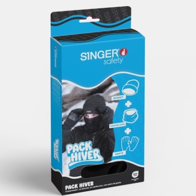 Embalagem azul e preta do Pack Hiver da SINGER safety com boné, cache-col e luvas para frio.