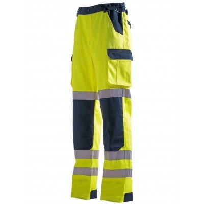 Calças de trabalho amarelo fluorescente com faixas refletoras e detalhes azuis