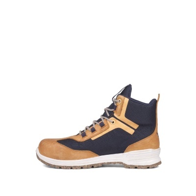 Bota de caminhada alta castanha e azul escuro com sola branca