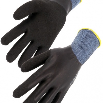 Par de luvas pretas com punho em malha azul e borda amarela